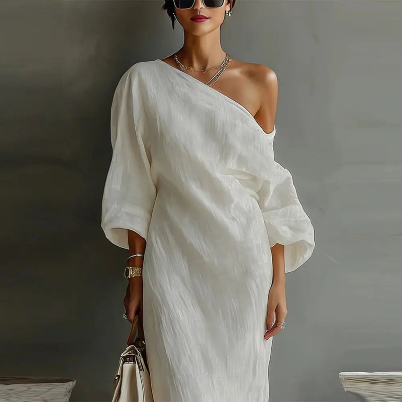 Ivory One-Shoulder Linen Maxi Dress
