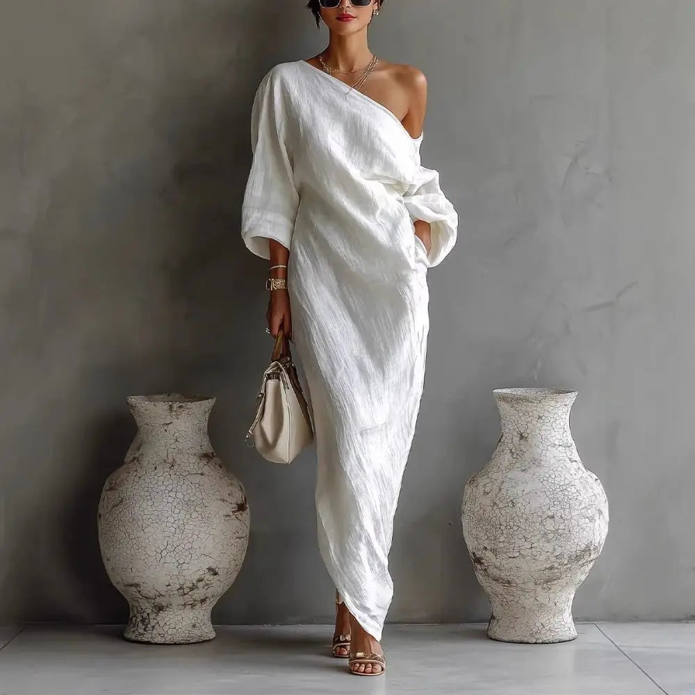 Ivory One-Shoulder Linen Maxi Dress