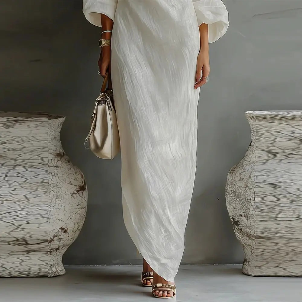 Ivory One-Shoulder Linen Maxi Dress